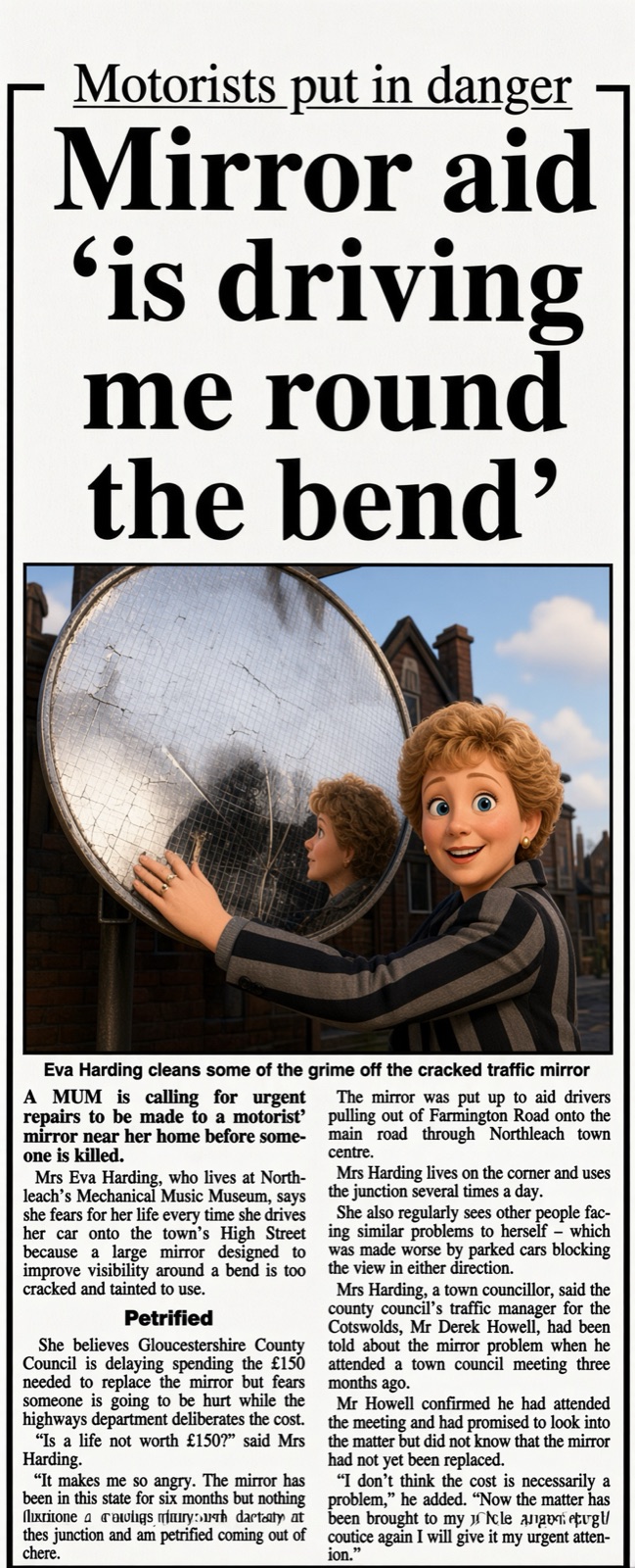 Storybook cutting: Ava appeals for repairs to a cracked traffic mirror