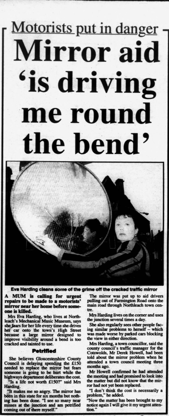 Original newspaper cutting: Ava appeals for repairs to a cracked traffic mirror