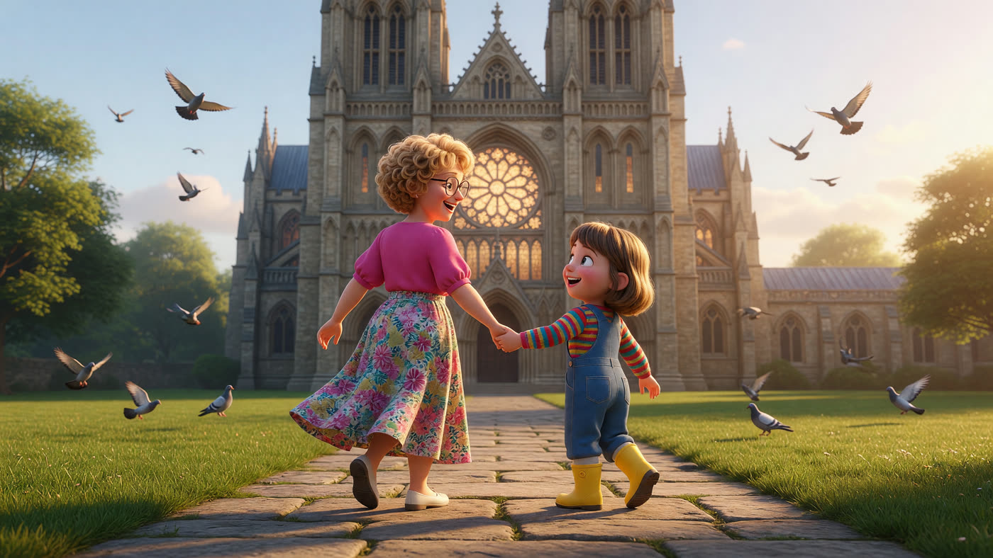 Ava and young Melissa walking hand in hand towards the cathedral