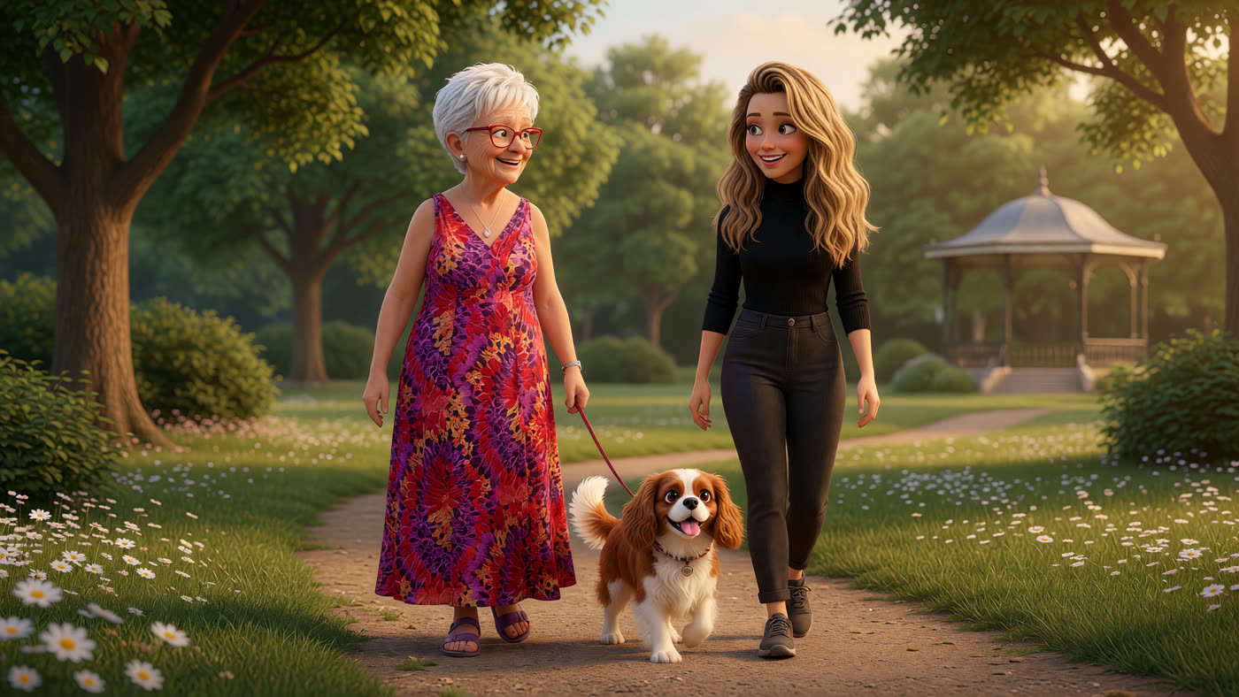 Ava and Melissa walking in the park with their Cavalier King Charles Spaniel
