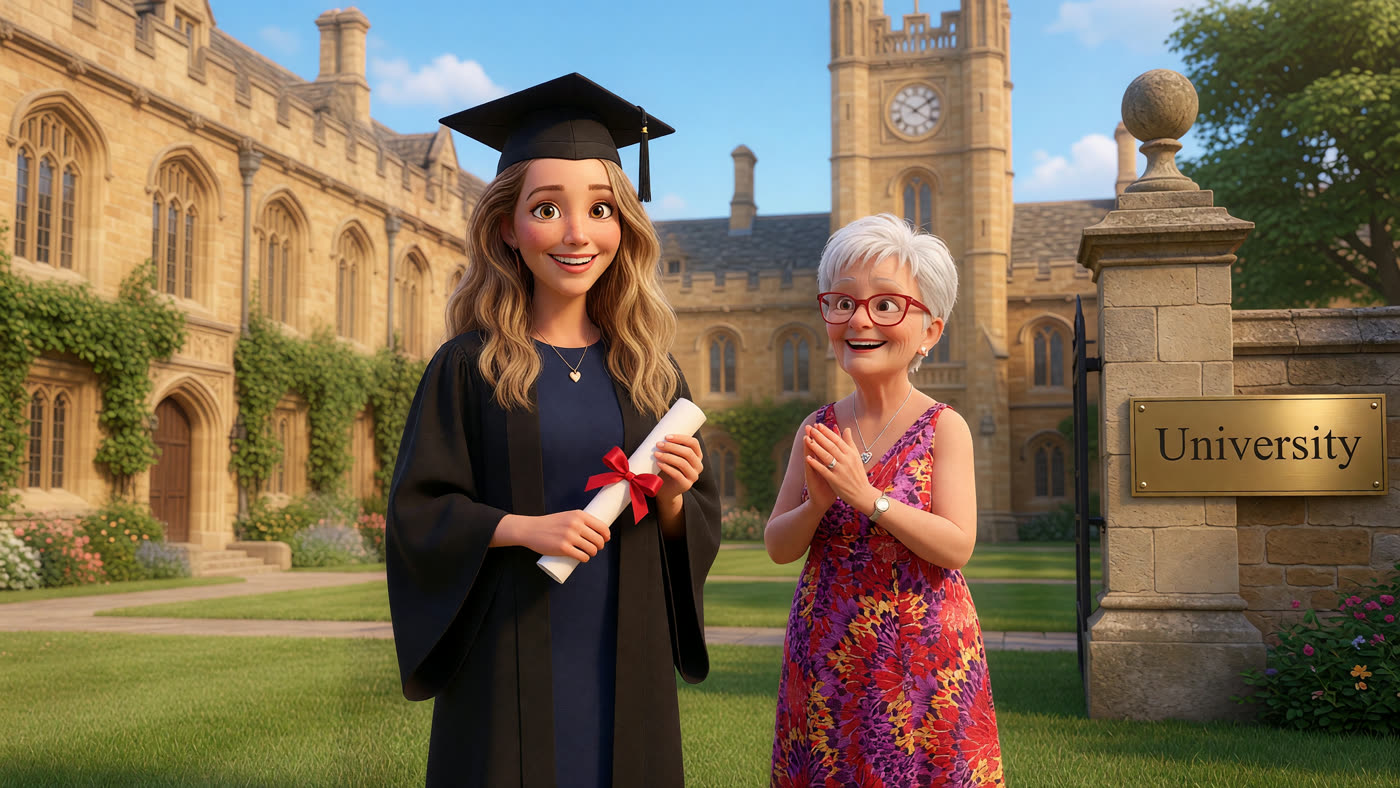 Melissa in her graduation gown with Ava clapping proudly