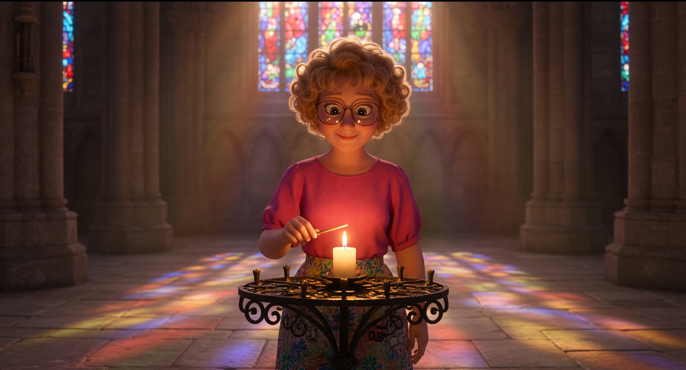 Ava lighting a votive candle inside the cathedral